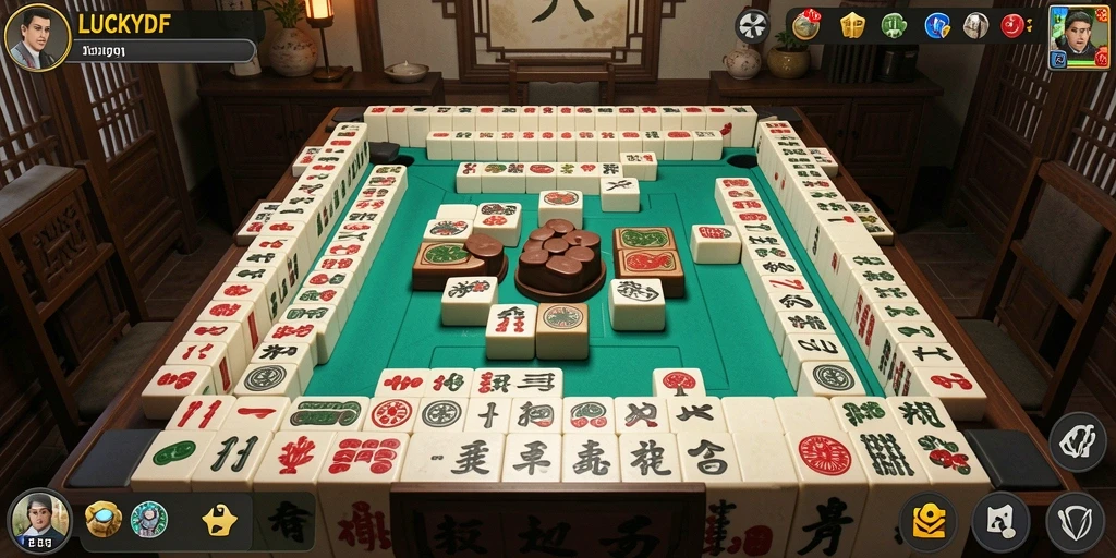 Tampilan gameplay seru di LUCKYDF dengan batu Mahjong yang berwarna-warni.